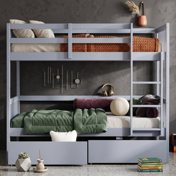 Sailvan Twin Over Twin Rubber Wood Bunk Bed with 2 Drawers, Convertible into 2 Twin Beds