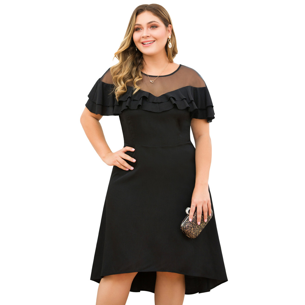 Tuscom Tuscom Women Plus Size Sexy Mesh Spliced O Neck Short Sleeve Flounce One Piece Dress Tunic Skirt Walmart Com Walmart Com