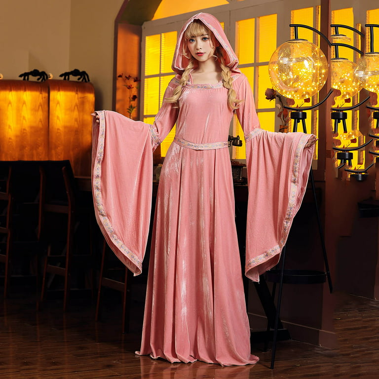Brglopf Women's Medieval Hooded Dresses Renaissance Velvet Robe Vintage  Court Costume Bell Long Sleeve Ball Gown Pink S