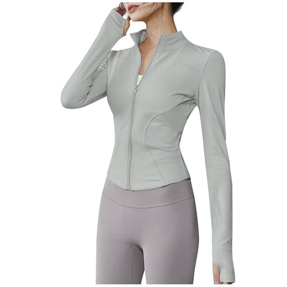 Hueook Womens Shirts Womens Long Sleeve Shirts Womens High Elastic Sports Jacket Standing Collar Slim Yoga Top Womens Long Sleeved Standing Collar Top Shirt Gray XL