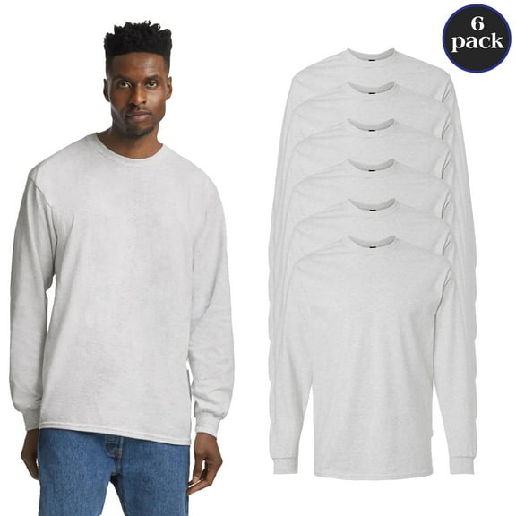 Gildan Unisex Ultra Cotton Long Sleeve T-Shirt, 6 Pack Ash Tee, Size S