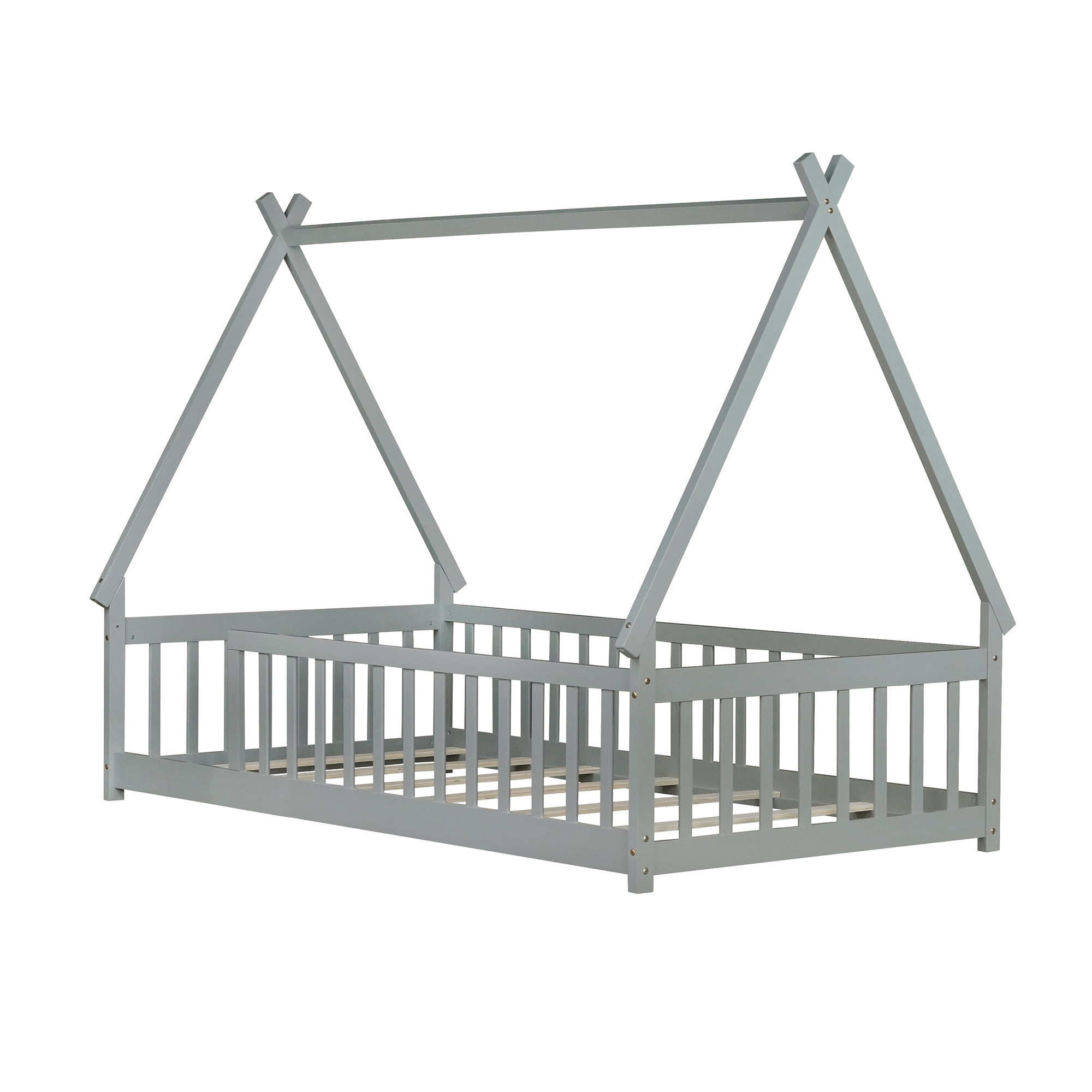 Mirightone Twin Size Floor Bed, Montessori Teepee Floor Bed with Rails, Wood Tent-Shaped Bed with Fence (Gray)