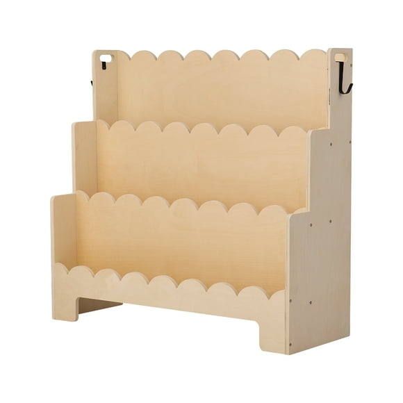 KFFKFF Montessori Bookshelf, 3-Tier Scalloped Kids Bookshelf, Front Facing Toddler Bookcase, Dual Hooks for Hanging Backpacks