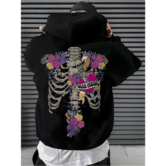 Heavyweight Black Gothic Streetwear Floral Backbone Hoodie Shirt for Men & Women, up to Size 5XL