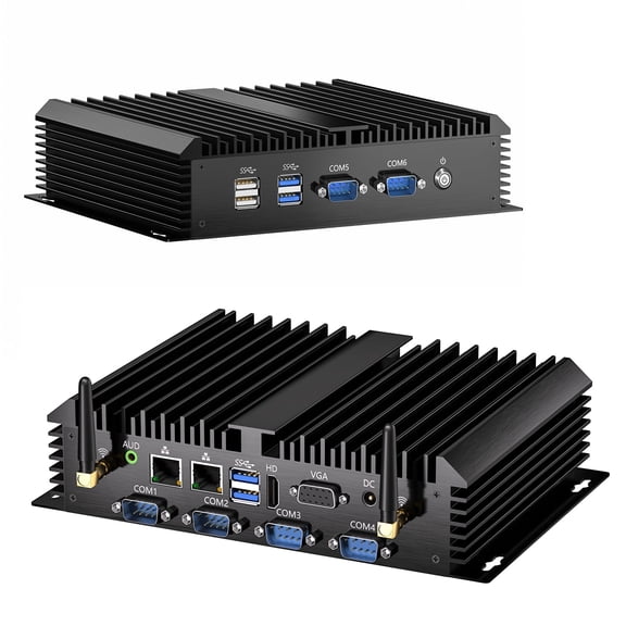 Fanless Mini Industrial PC, Desktop Computer Core i7-5500U Windows 10 Pro, 8GB RAM 128GB SSD, 2xNICs, 2*COM RS232, 4xUSB3.0, Dula-Band WiFi, HDMI/VGA Ports, Gigabit LAN, Auto Power On