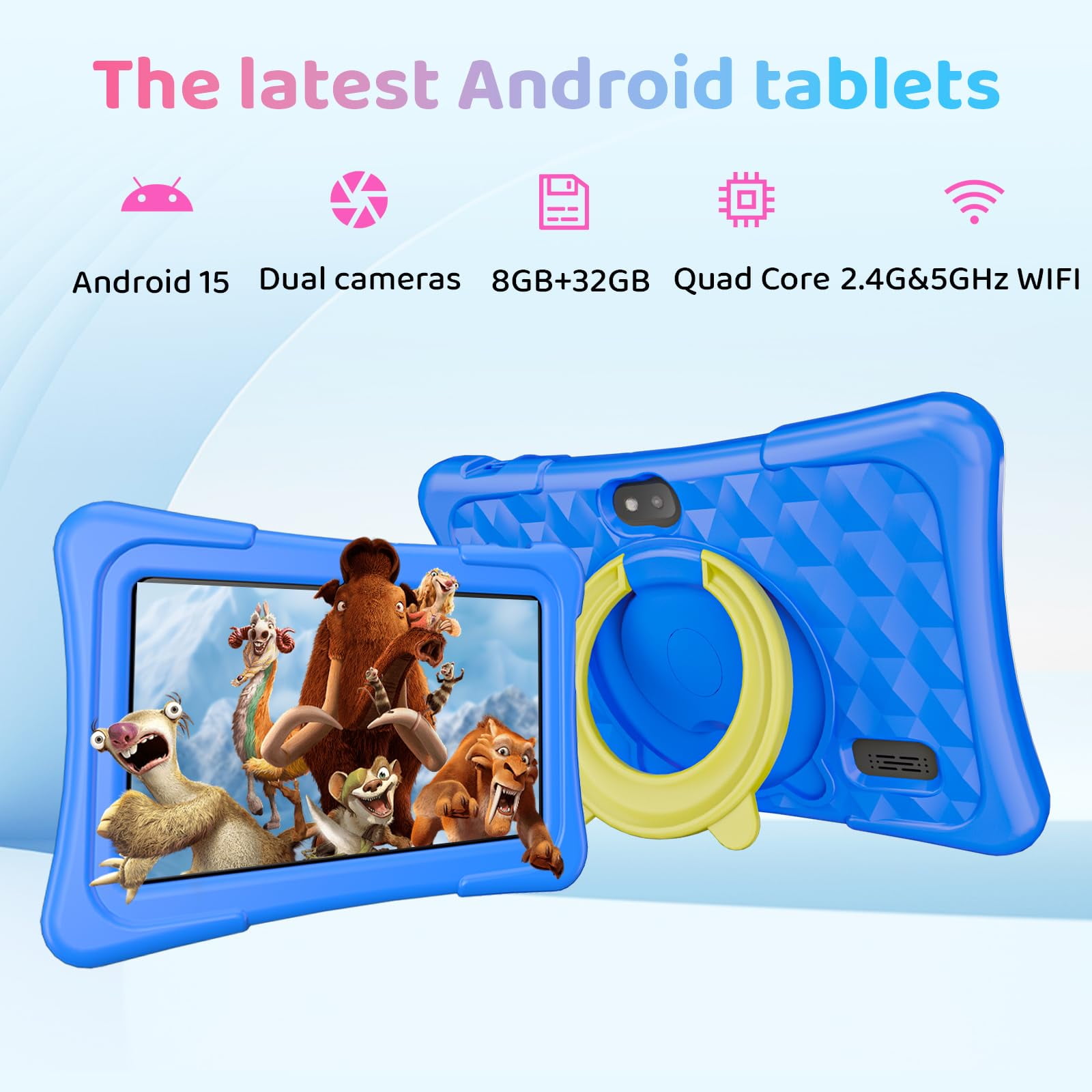 Kids Tablet, 7 inch Android 15 Tablet for Kids, 8GB+32GB 1TB Expand, Quad-Core Toddler Tablets with Shockproof Case, BT5.0, WiFi 5, Parental Control, Games, Dual Camera