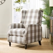 Recliner Chair Push Back Upholstered Wingback Fabric Home Theater Wood Legs Living Room Plaid Beige