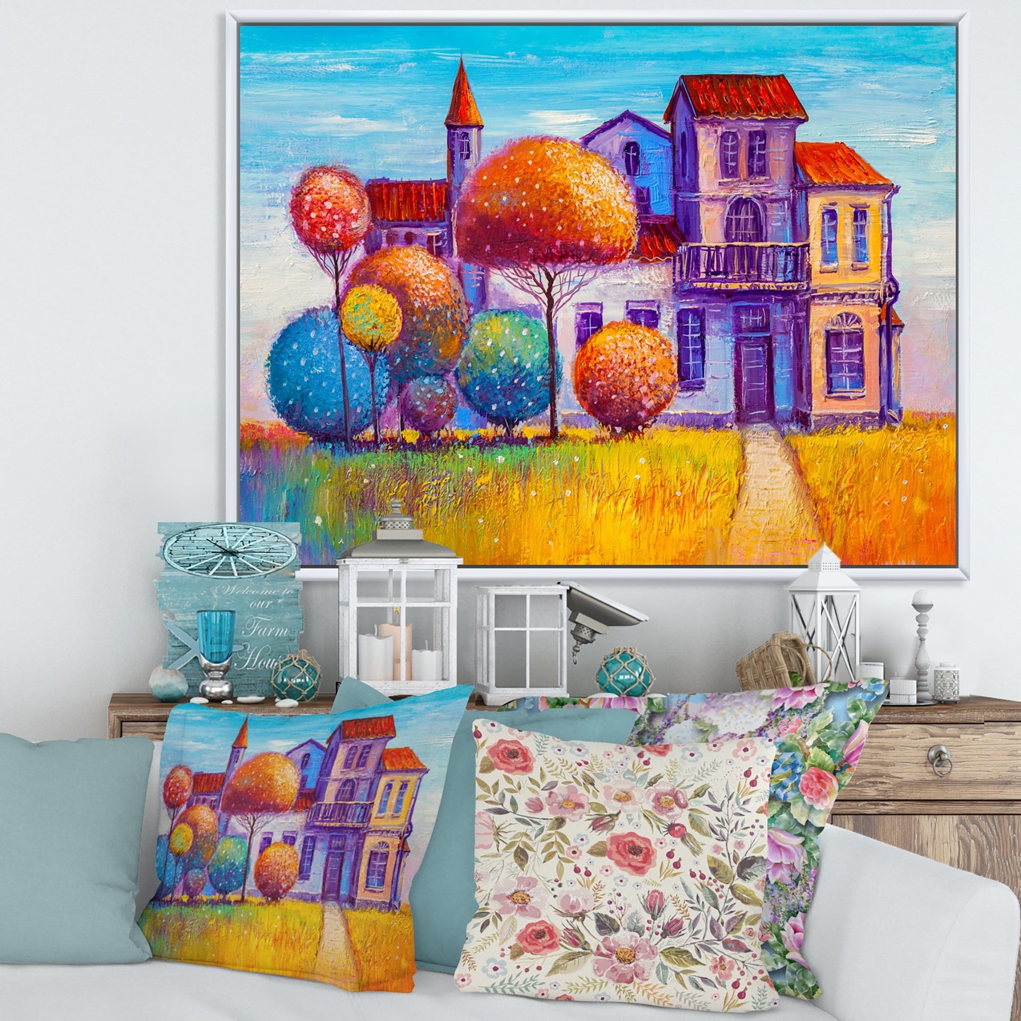 Designart 'Abstract Colorful House In The Fairy Tale VIllage' Traditional Framed Canvas Wall Art Print