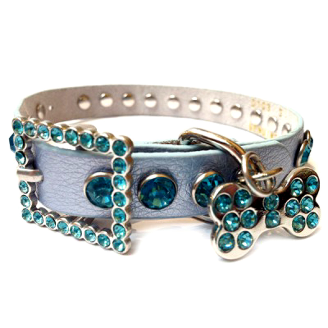 Blue Leather Dog Collar with a Row of High Quality Blue Rhinestones