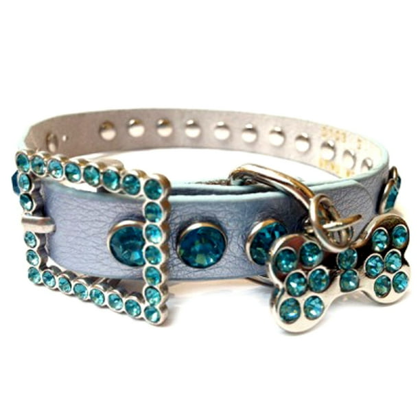 Blue Leather Dog Collar with a Row of High Quality Blue Rhinestones