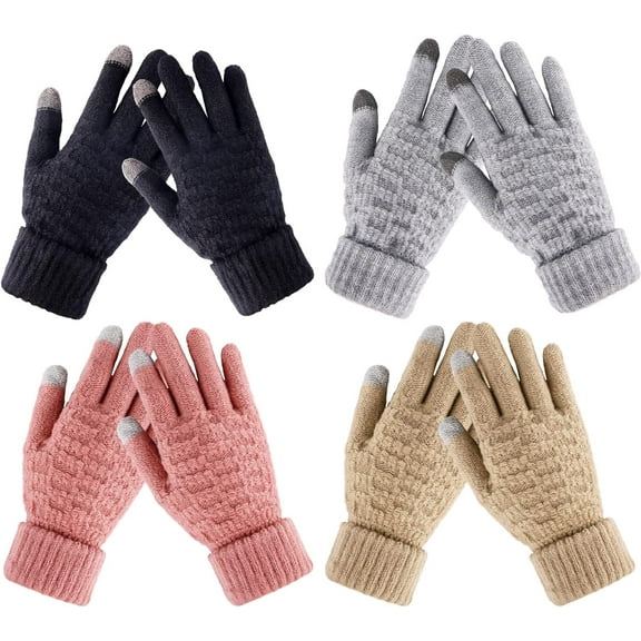 Winter Gloves for Women - 4 Pairs Touchscreen Gloves for Women Cold Weather, Fashion Knit Mittens Warm Winter Gloves