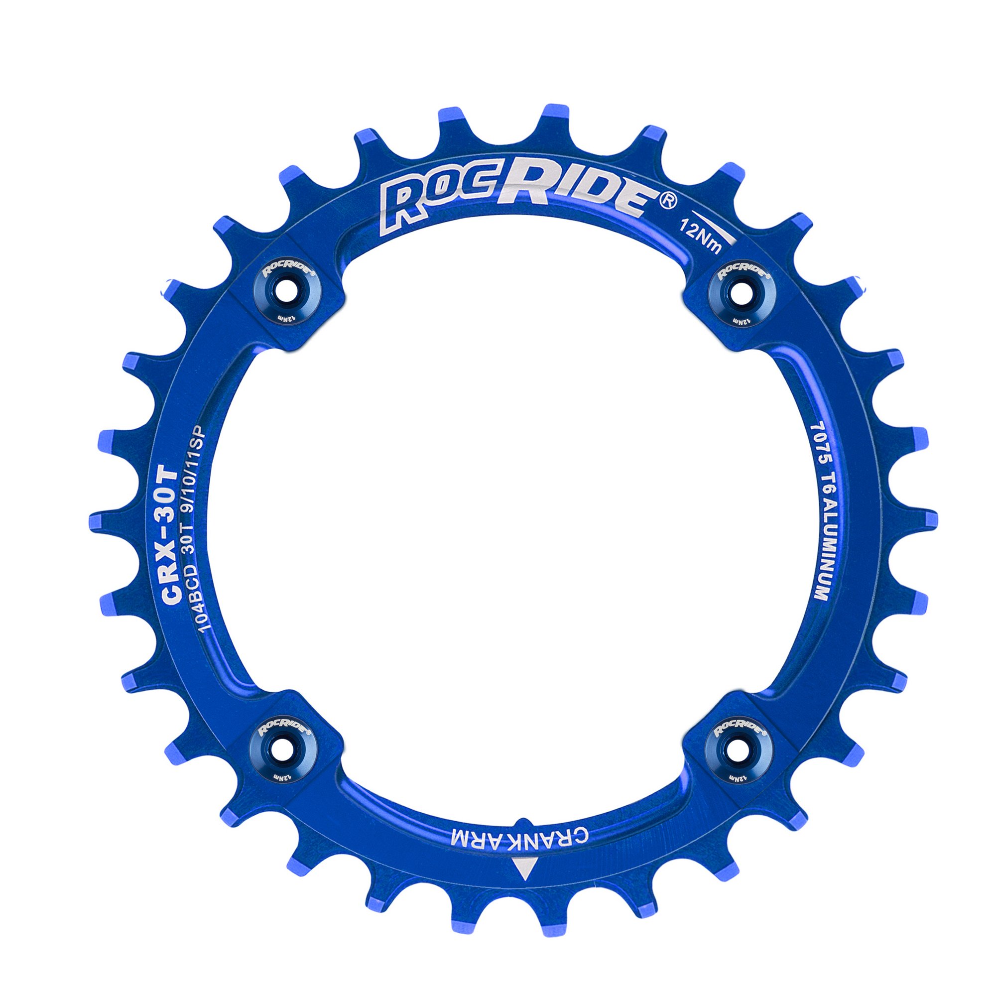30T Narrow Wide Chainring 104 BCD Blue Aluminum With 4 Blue Aluminum Bolts By RocRide For 9/10/11 Speed. - image 3 of 5