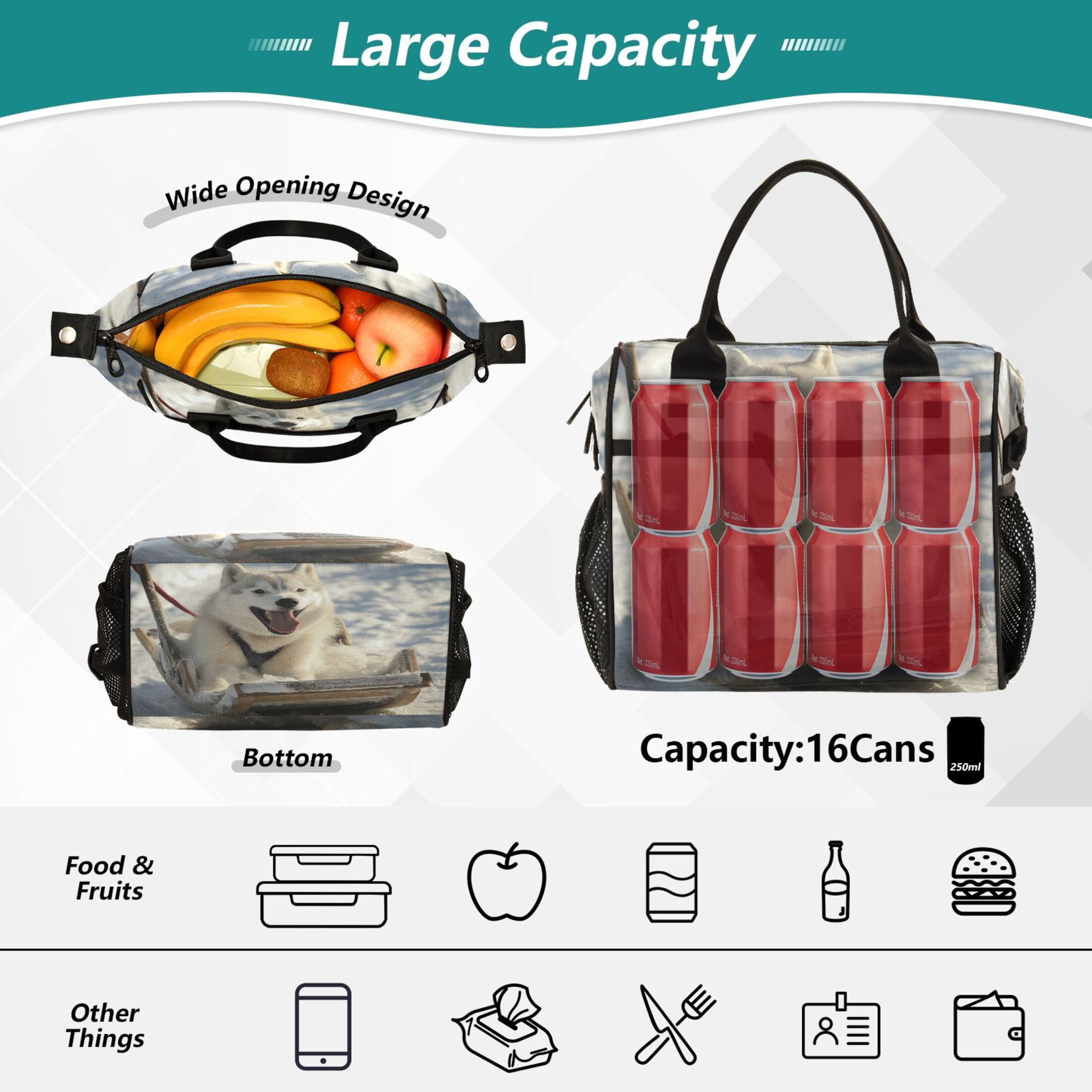 WOBOGO Alaskan Dog on A Sledge Lunch Bag Large Capacity Leak Proof Insulation Soft Adult Men and Women Universal 11×10.6×5.5in