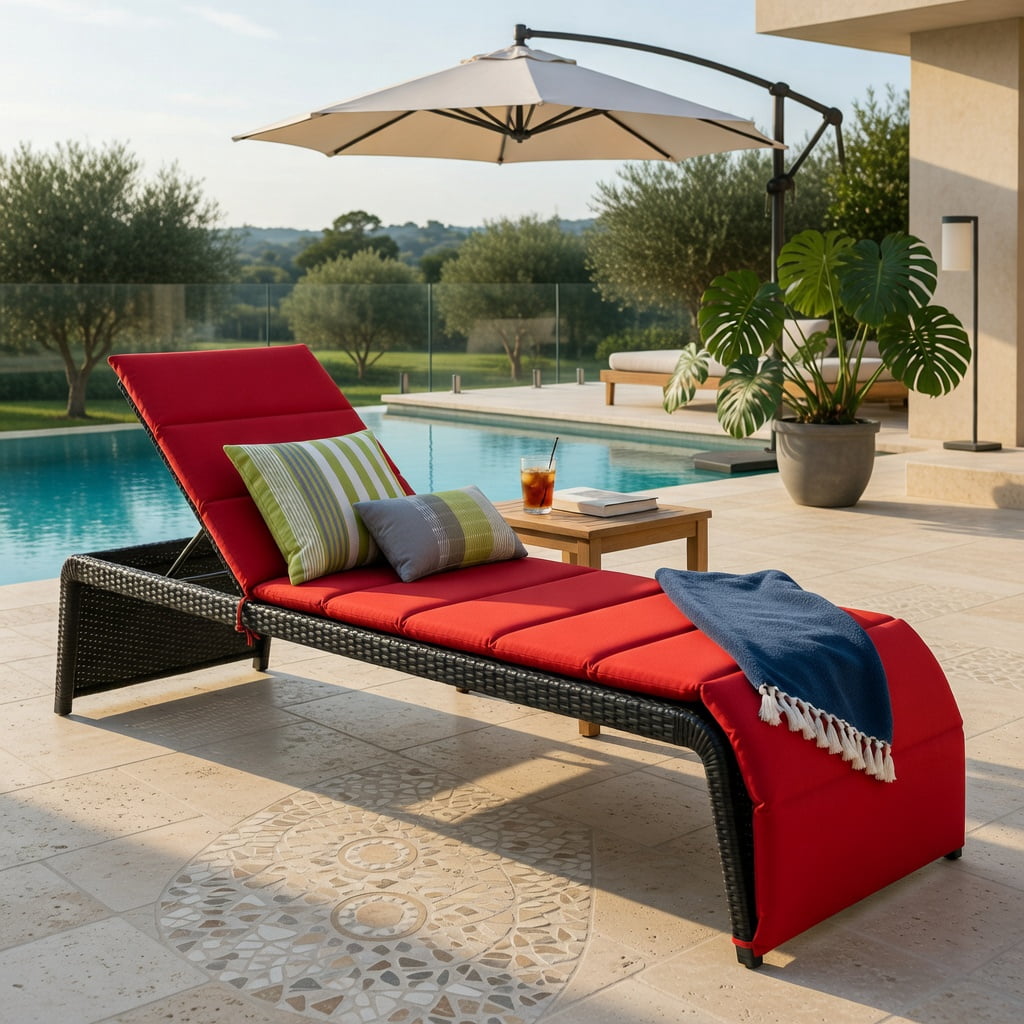 Hommoo Adjustable Outdoor Rattan Chaise Lounge Chair with Thick Cushion, PE Wicker Recliner for Patio, Pool & Garden, Red