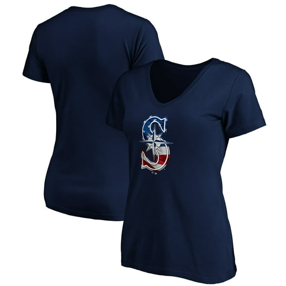 Women's Navy Seattle Mariners Logo Banner Wave V-Neck T-Shirt