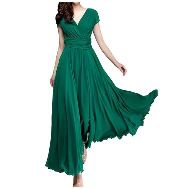 Vestido de noche de gasa de manga corta y cuello en V para mujer, color liso, cierre en la cintura, para uso diario/ocasional, tallas S-XXL