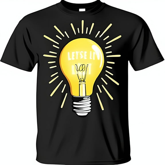 Glow in Style Black T-Shirt with Yellow Lightbulb Graphic & Let s E in Light Design