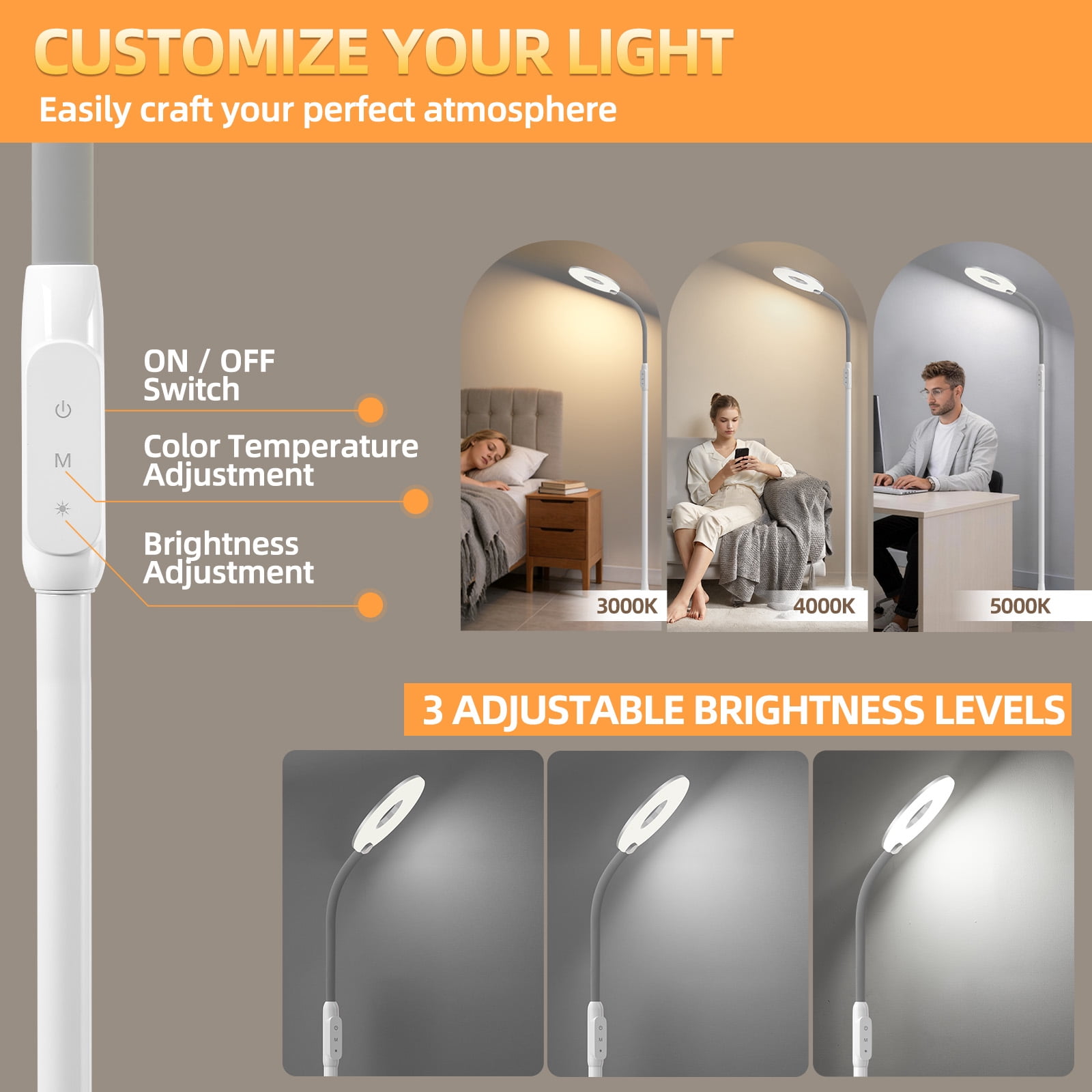NATYSWAN Floor Lamps for Living Room,Super Bright Torchiere with Touch Control,70in Dimmable Gooseneck Tall Standing Lamp for Corner, Living Room, Bedroom, Reading, Office