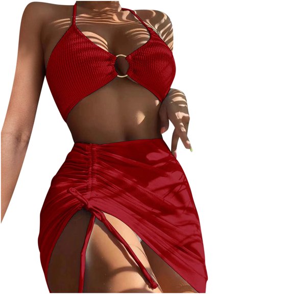 Yuanlook Bikini Sets for Women Ribbed Keyhole V Neck Swimsuits Tummy Control Bathing Suit Dress Halter Swimwear,Red,M