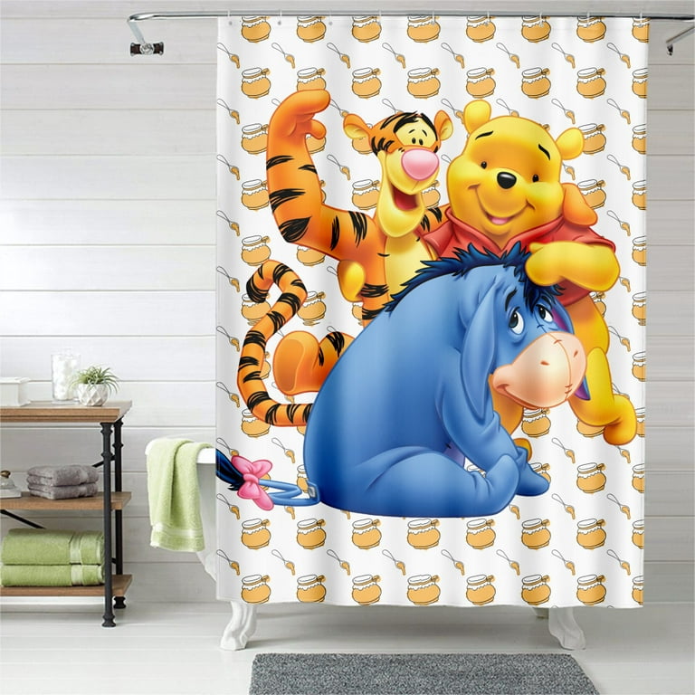 Shower Curtain S-90*180cm Winnie the Pooh Bathroom Decor Winnie the Pooh  Aesthetic Modern Fabric Waterproof Shower Curtain Set with Hook 