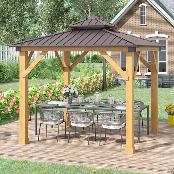 Outsunny 10x10 Hardtop Gazebo with Wooden Frame, Permanent Metal Roof Gazebo Canopy with Ceiling Light Hook for Garden, Patio, Backyard, Brown
