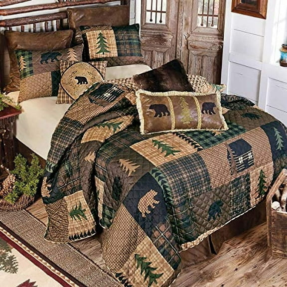 Black Bear & Pines Quilt Bed Set - Queen Size Rustic Wholecloth Quilt with Plaid Prints and Lodge Icons
