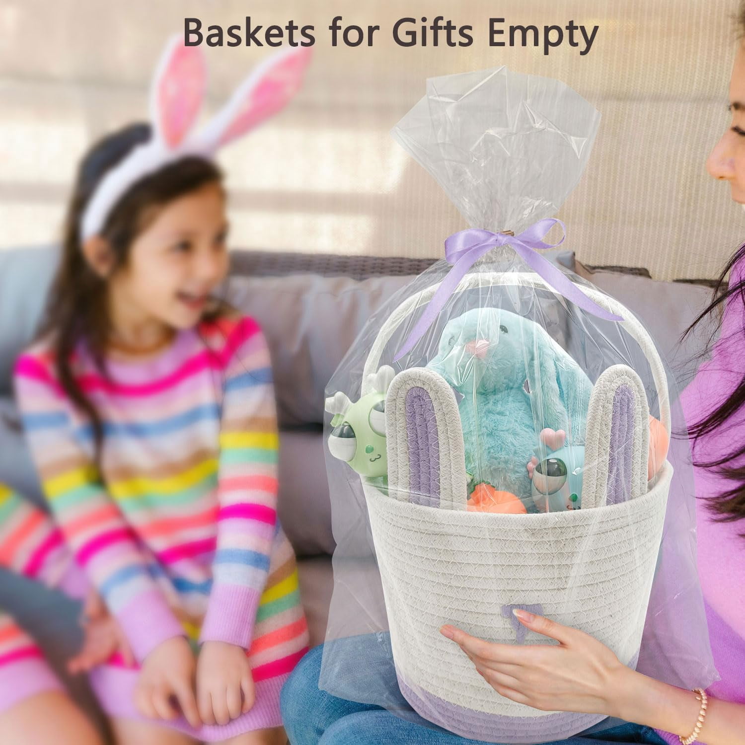 2 Pack Large Woven Easter Baskets for Girls & Boys - Empty Basket with Gift Bags and Ribbons Cute Easter Decorations Bunny Ears Designs (Blue+Purple)