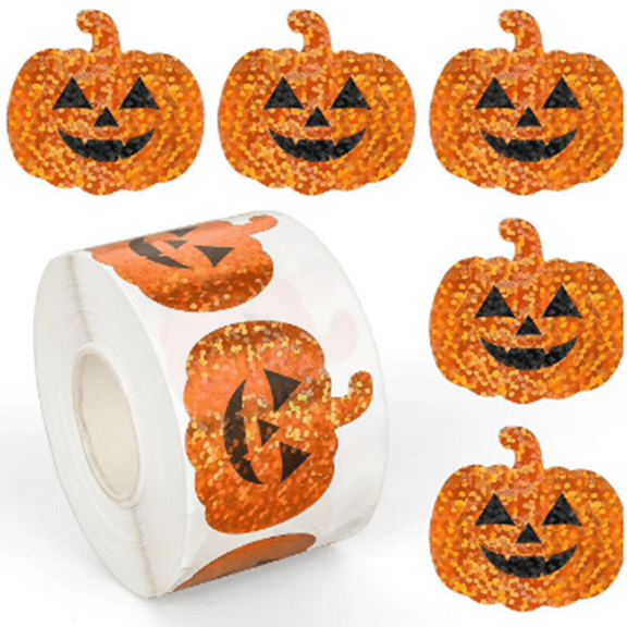 Clearance Sale | 500-Pack Halloween Pumpkin Stickers Roll, Sparkly Orange Adhesive Decals for Envelope Scrapbook Decor