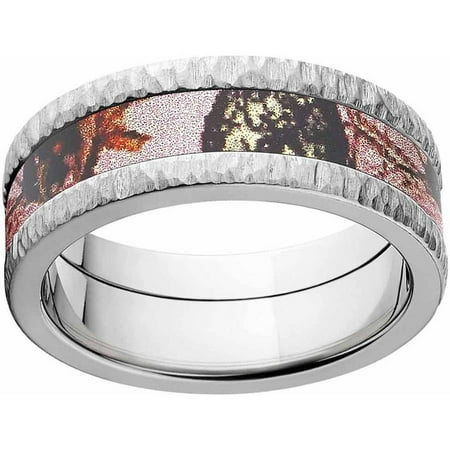 Mossy Oak Pink Break Up Women's Camo Stainless Steel Ring with Tree Barked Edges and Deluxe Comfort Fit