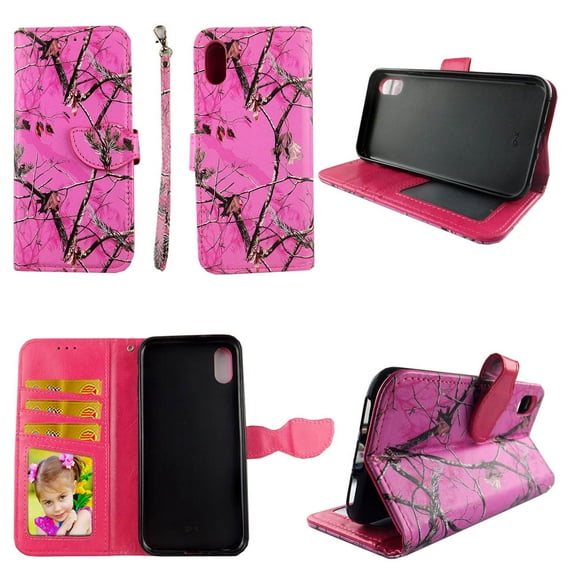 Camo Pink Mozzy Wallet Case for iPhone XS X 2018 Folio Standing Cover Card Slot Money Pocket Magnetic Closure Fashion Flip Pu Leather