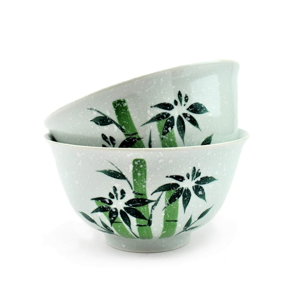 2 Piece Large Japanese Noodle Bowl Set ~ 41 Ounce Porcelain Ramen Noodle Bowls Hand-Painted Green Bamboo for Ramen Noodle Salad Udon Soba Pho Asian Noodles F15746