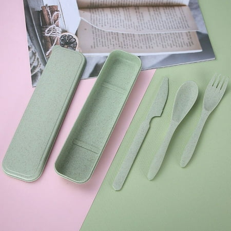 

3pcs/lot Travel Cutlery Portable Cutlery Box Japan Style Wheat Straw Knife Fork Spoon Student Dinnerware Sets Kitchen Tableware