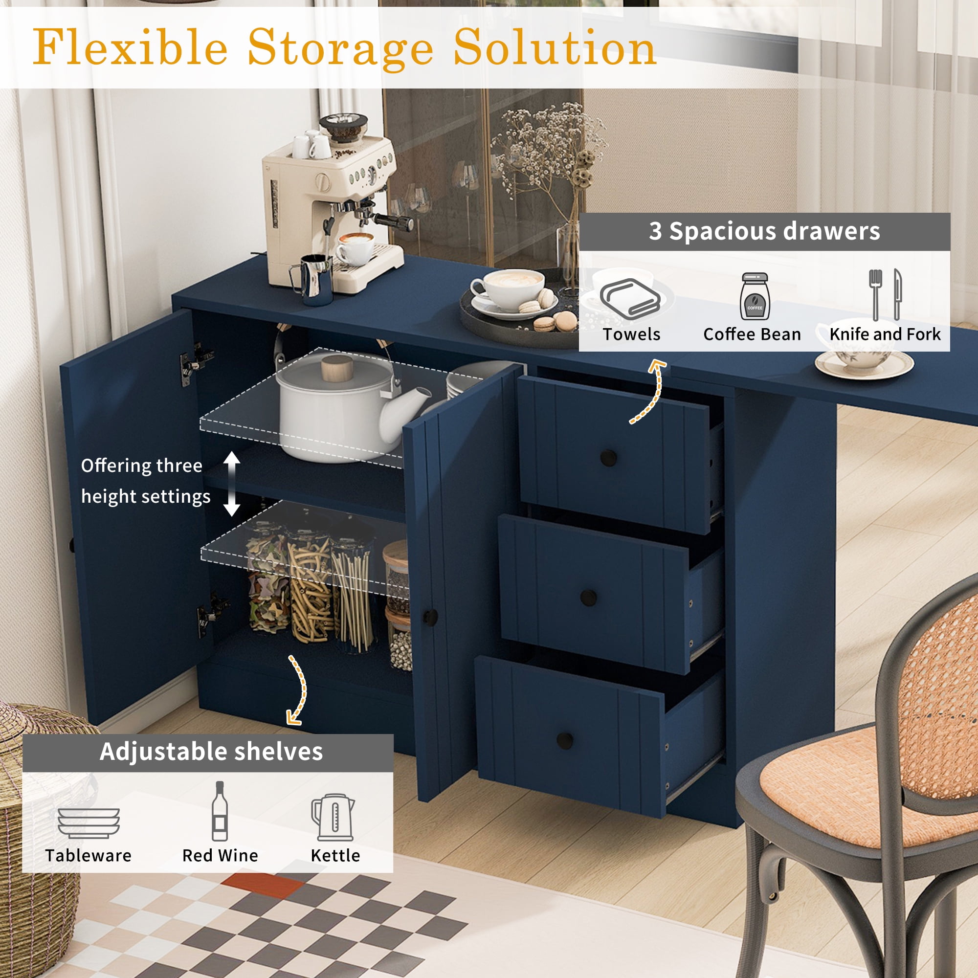 Aukfa Space-Saving Sideboard with 47" Extendable Dining Table,Buffet Cabinet for Kitchen Dining Living Room,Blue