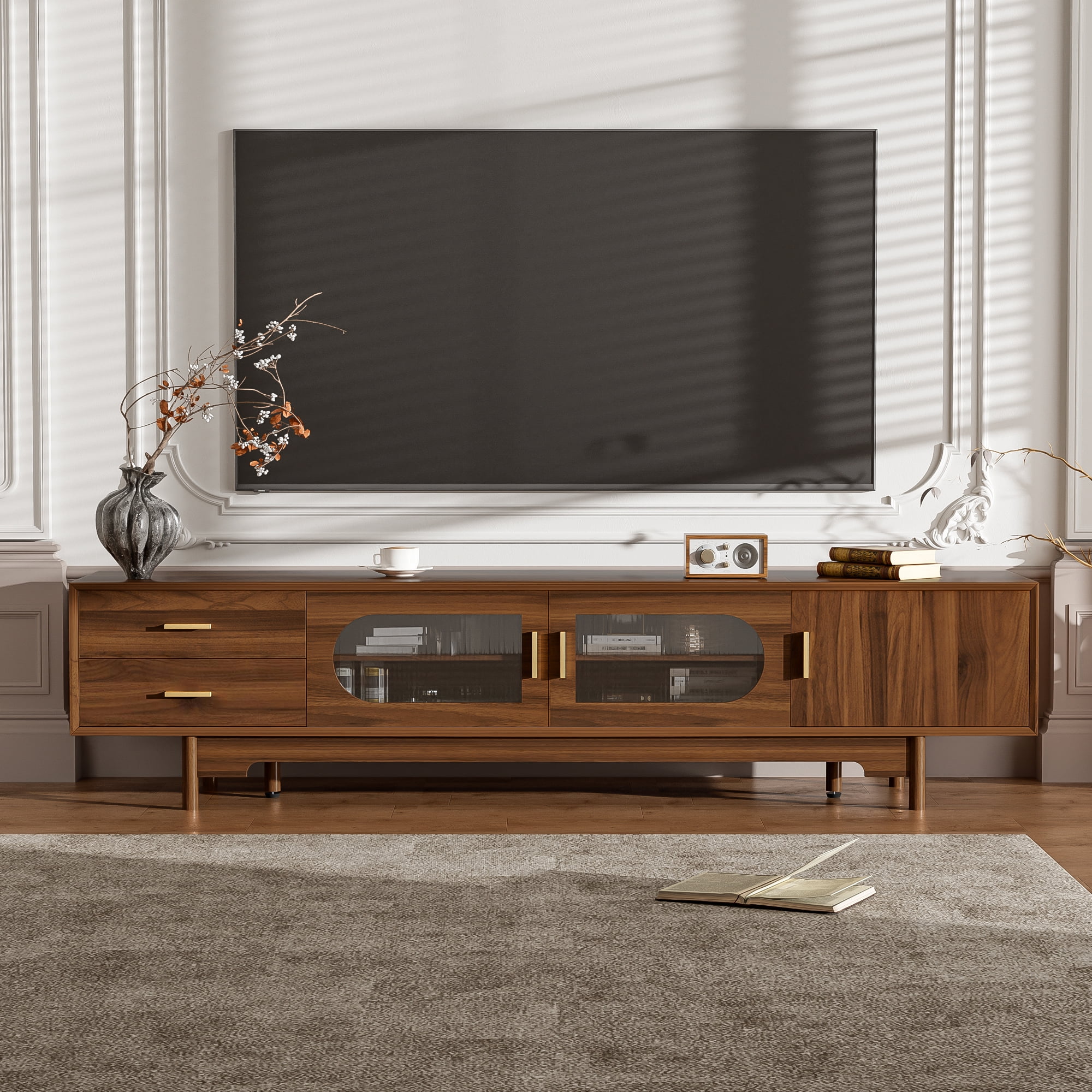 TV Stand for TVs up to 85 Inch, Entertainment Center with Fluted Glass Doors & 2 Drawers, Media Console with Solid Wood Legs for Living Room
