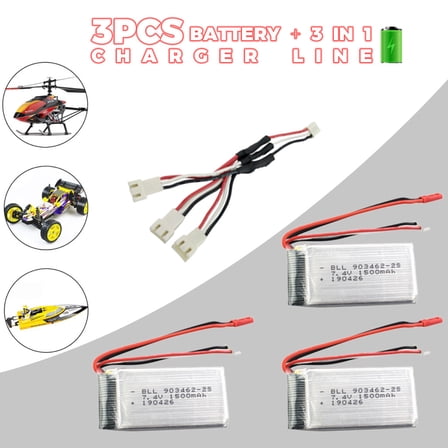 JZCHUNTOY 3PCS 7.4V 1500mah Lithium - ion Batteries with 1 - to - 3 Charging Conversion Cable - Compatible with WLTOYS V913 RC Helicopter, L959 High - speed RC Car, WL912 RC Boat