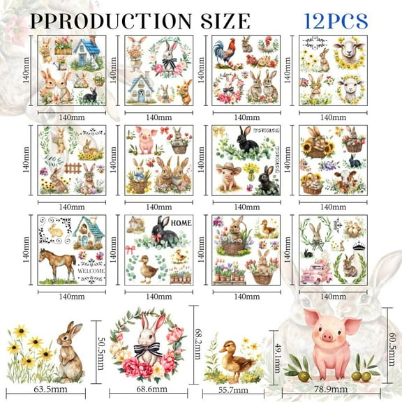 12 Sheets 12 Style Rub on Transfers for Crafts and Furniture Rabbit Rub on Transfer Stickers Farmhouse Chicken Flower PVC Rub On Decals for DIY Home Window Spring Easter Decor 5.5x5.5 Inch