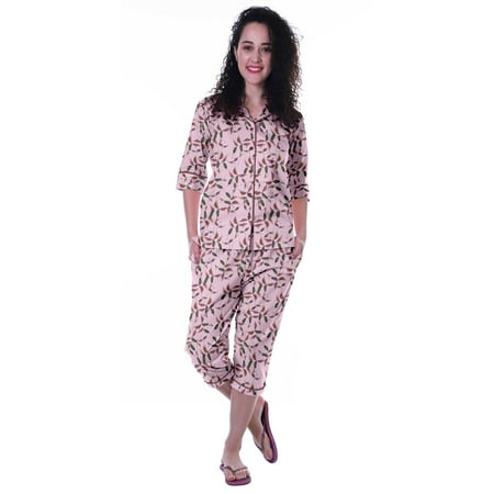 

Moomaya Printed Cotton 3/4 Sleeve Shirt With Capri 2 Piece Nightwear Set Sleepwear For Womens