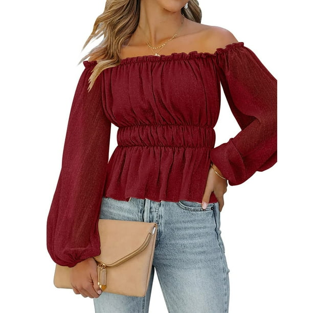 Blusa de mujer con hombros descubiertos, manga larga con volantes y burbujas, camiseta informal de poliéster a la moda para vacaciones al aire libre