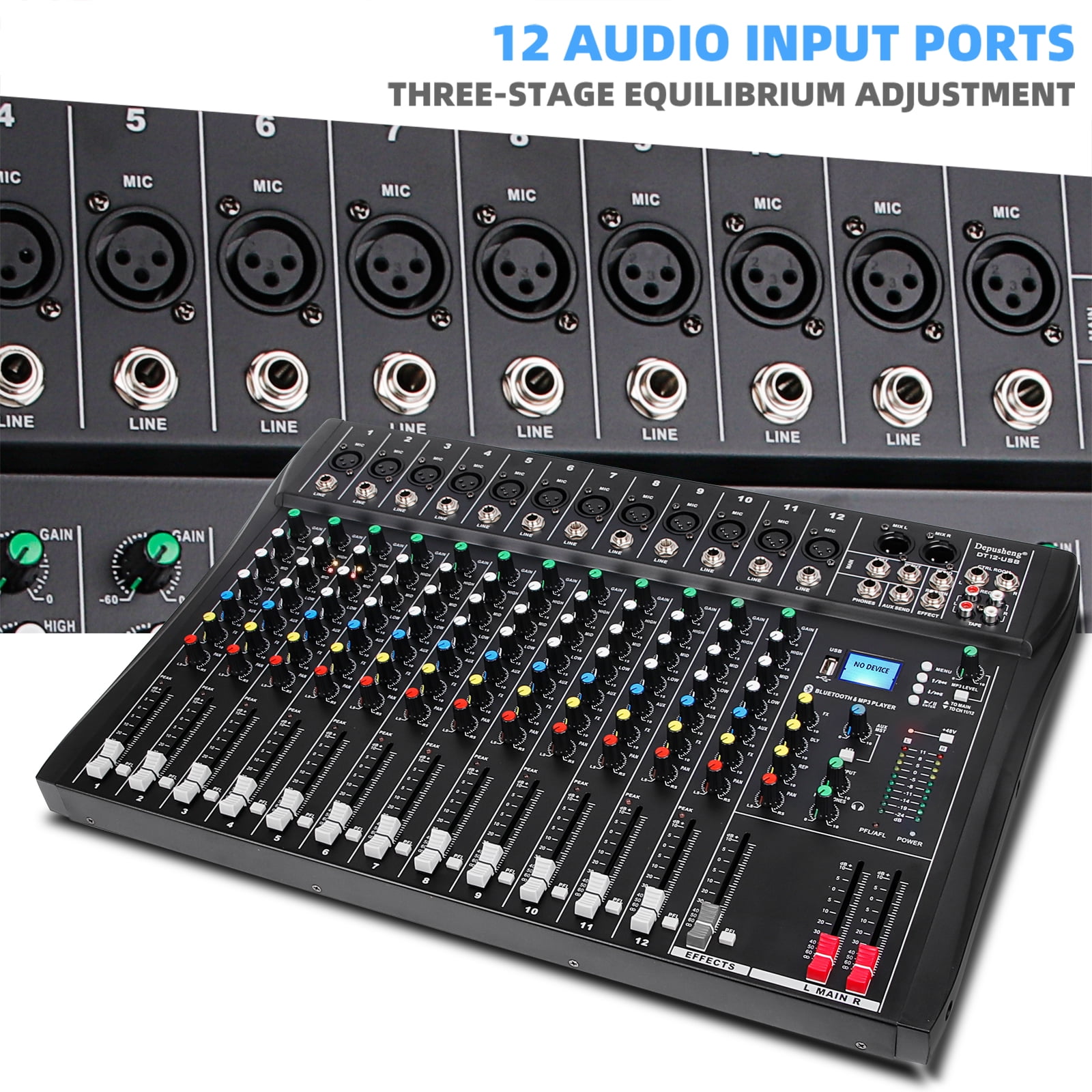 Depusheng DT12 Professional Audio Mixer 12 Channel DJ Sound Controller Interface w/USB Drive for Computer Recording Input, XLR Microphone Jack, 48V Power, RCA Input/Output