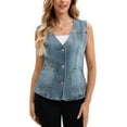 thumbnail image 2 of INSPIRE CHIC Women's Vest Denim V Neck Patch Pockets Button Down Sleeveless Jean Jacket S Blue Grey, 2 of 6
