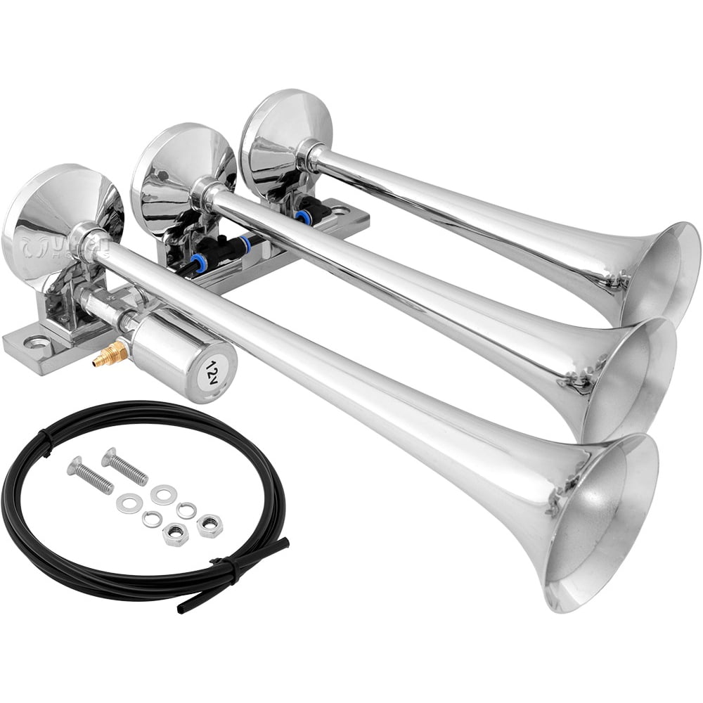 Vixen Horns Train Horn for Truck/Car. 3 Air Horn Chrome Plated Trumpets. Super Loud dB. Fits 12v