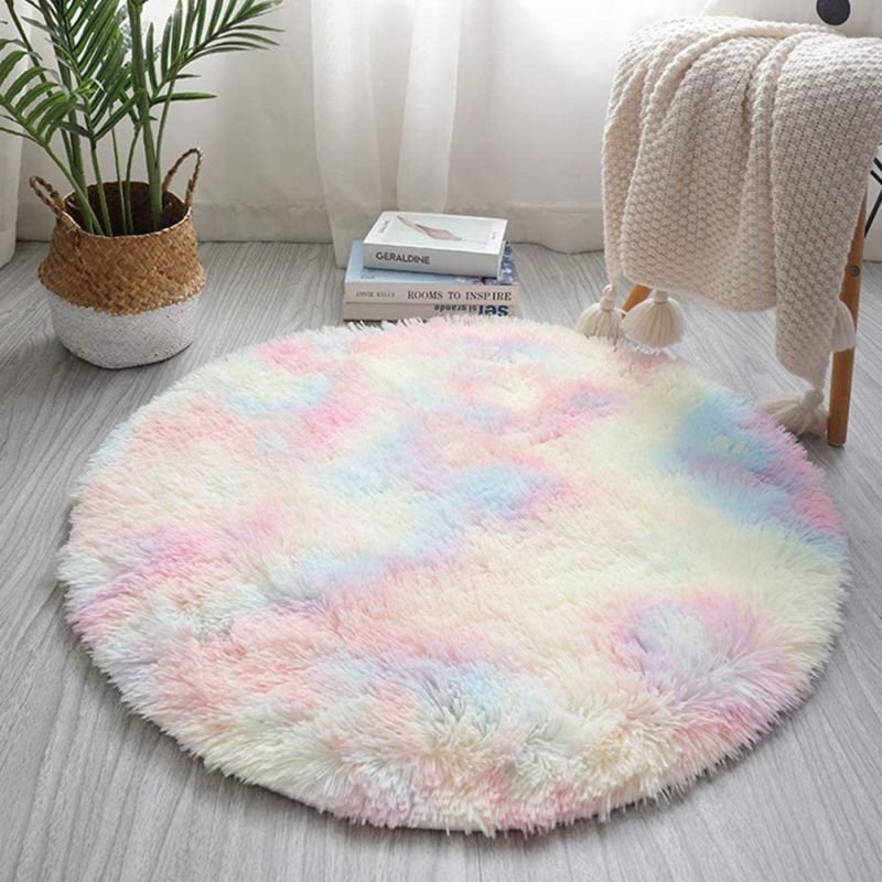 cofee Cute Kids Playmats for Baby Nursery Home Decor Fluffy Round Rainbow Rugs for Girls Bedroom Soft Fuzzy Carpets for Princess Room Shag Colorful Circle Rug for Living Room 