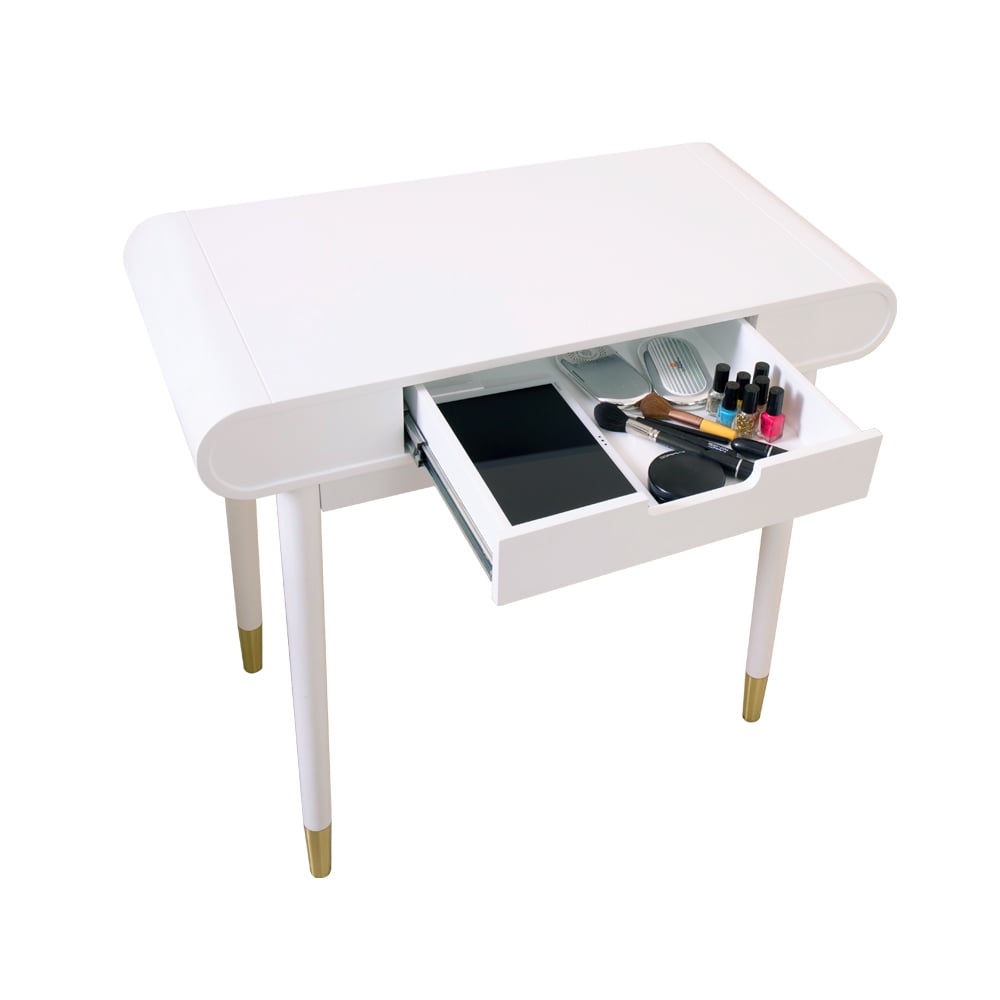 Spaco Oval Makeup Table with Mirror for Bedroom, High Gloss Finish Dressing Table with Solid Stool, White Spaco Oval Makeup Table with Mirror for Bedroom, High Gloss Finish Dressing Table with Solid Stool, White