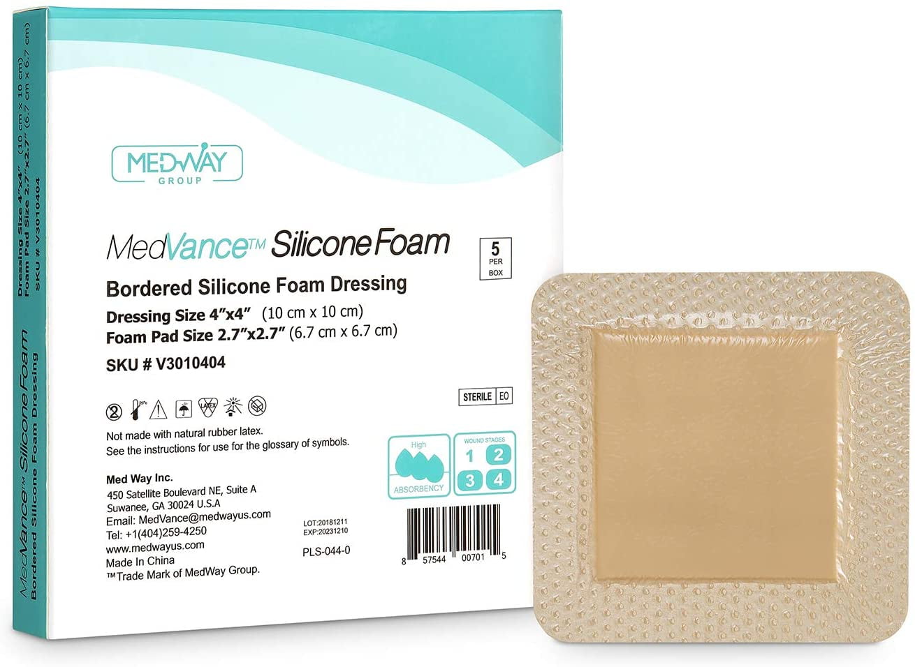MedVance TM Silicone - Bordered Silicone Adhesive Foam Dressing Size 4'x4' (2.7'x2.7' pad), Box of 5 dressings