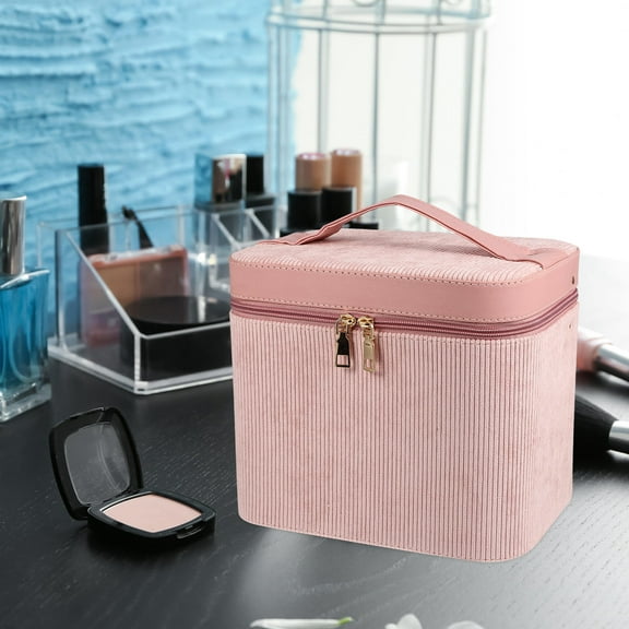 DINHEAROM 1 Piece Pink Corduroy Cosmetics Case for Women Makeup Bag Travel
