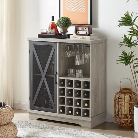 Bar Cabinet for Liquor and Glasses,Farmhouse Corner Kitchen Cabinet with Wine Rack and Open Adjustable Storage Shelves,Metal Wood Doors for Home,Living Room,Dining Room(C