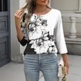 thumbnail image 4 of Otoño 3/4 Manga Tops para las Mujeres 2025 de Moda Impreso Botón Casual Cuello Redondo Suelto Camiseta, 4 of 7