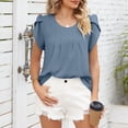 thumbnail image 2 of Camisa de manga de pétalo con cuello redondo para mujer, Top plisado básico informal de Color puro, ajuste holgado, para verano, 2 of 8