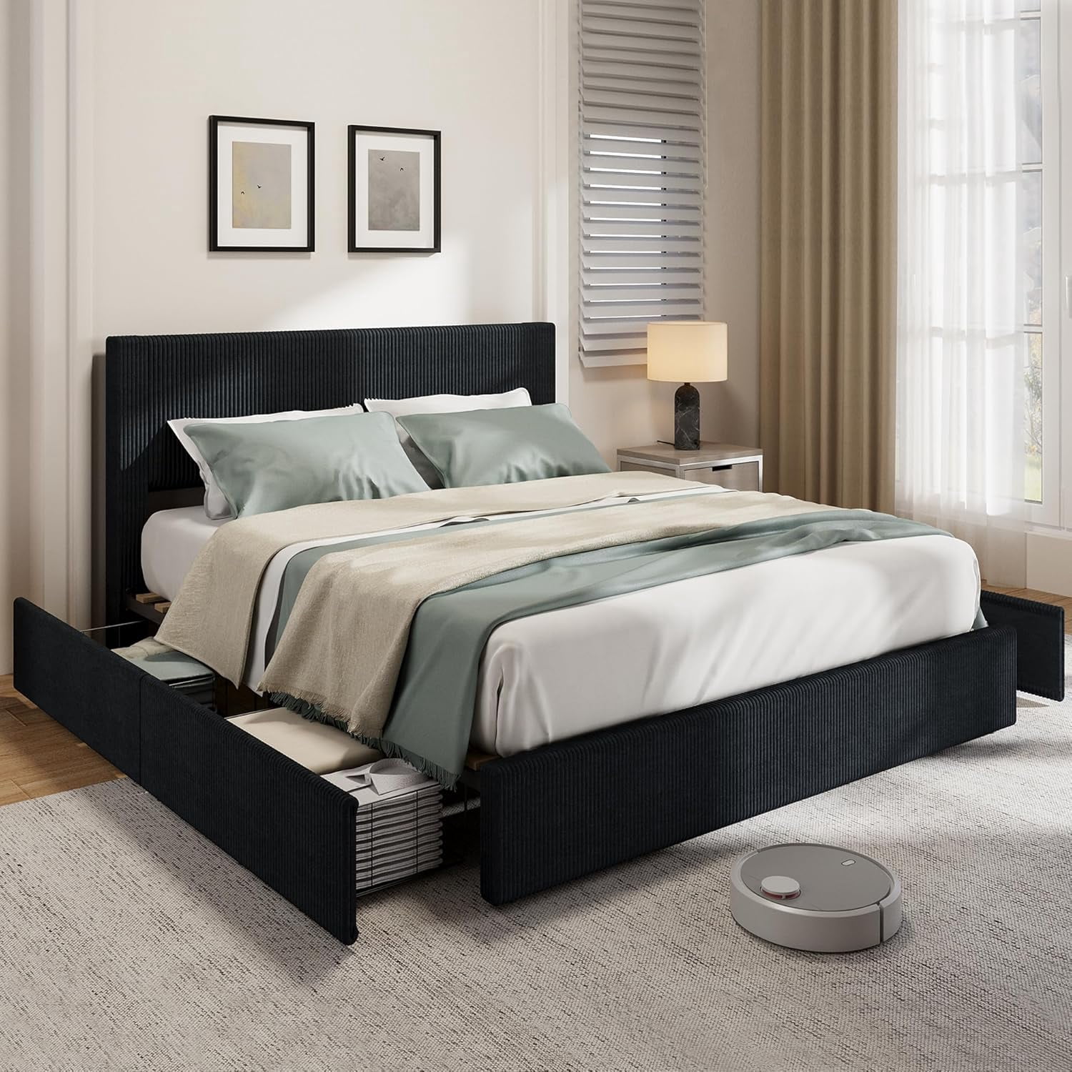 King Size Platform Bed Frame with 4 Storage Drawers, Upholstered Corduroy Channel Tufted Headboard Bed Frame with Strong Wooden Slat Support, No Box Spring Needed, Black