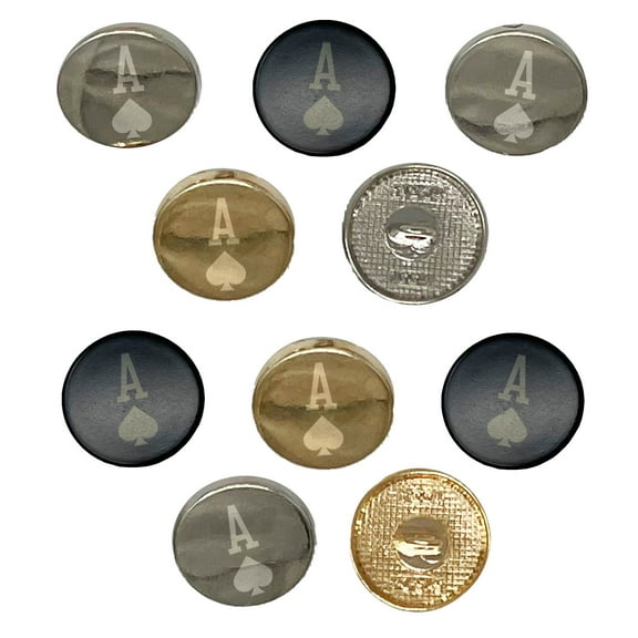 Ace of Spades Card Suit Set of 10 Metal 0.6" (15mm) Sewing Shank Round Buttons - Silver Color